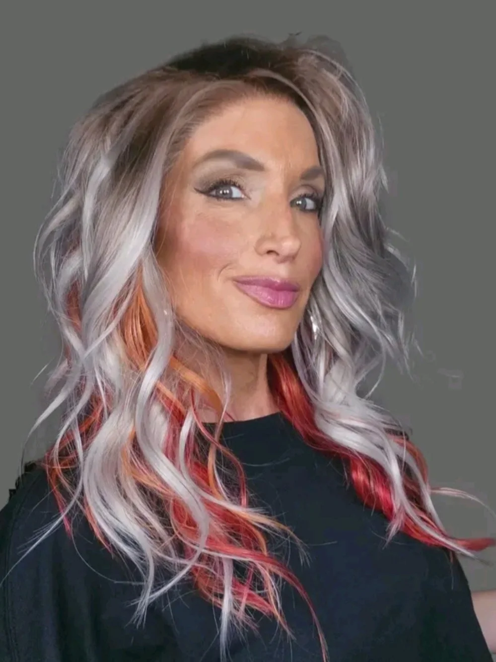 Wavy Cool Blonde Wig with Red Ombre Highlights Rizz In The Color Hot Rod
